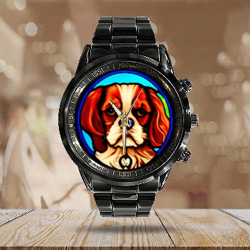 Discover Cavalier Pet King Charles Spaniel Stained Glass Pop Art 11 Calendar Steel Band Watch