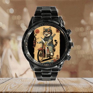 Discover Japanese Samurai Cat on Motorcycle Kawaii Ninja Cat 24 Baseball Tees Calendar Steel Band Watch
