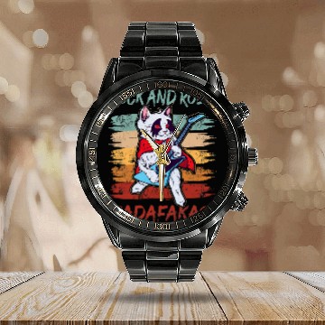 Discover Funny Guitar Rock and Roll Madafakas Cool Cat with Calendar Steel Band Watch