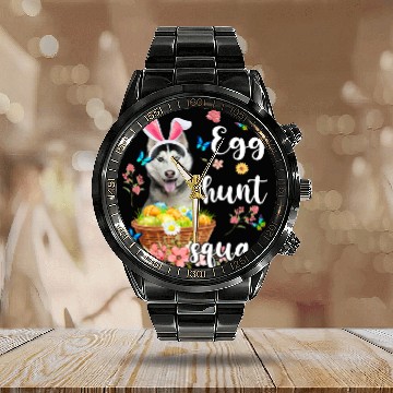 Discover Husky Pet Happy Easter Day Colorful Egg Hunt Squad Calendar Steel Band Watch