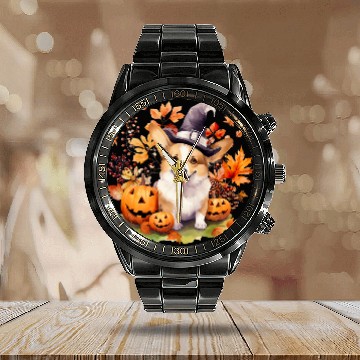 Discover Corgi Pet Fall Leaves Autumn Maple Pumpkin Thanksgiving Calendar Steel Band Watch