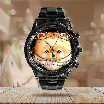 Discover Pomeranian Pet Christmas Light Chain Calendar Steel Band Watch
