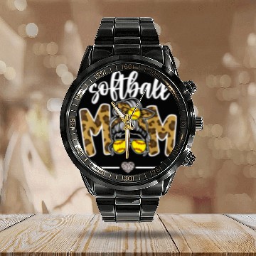 Discover Sport Softball Mom Messy Bun Leopard Cheer Mom Mama Game Day Calendar Steel Band Watch