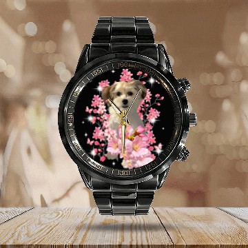 Discover Chinese Crested Pet Powderpuff Cherry Blossom Flowers Calendar Steel Band Watch