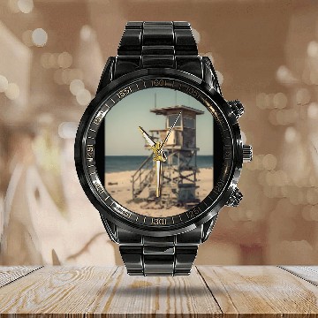 Discover Beach Lifeguard Tower Vintage Calendar Steel Band Watch