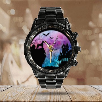Discover Schnauzer Haunted House Watercolor Full Moon Halloween Baseball Tees Calendar Steel Band Watch