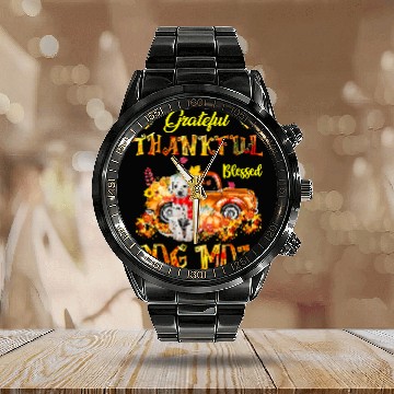 Discover Dalmatian Pet Pumpkin Thankful Grateful Blessed Dog Mom Calendar Steel Band Watch