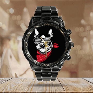 Discover Boston Terrier Pet Face Shutter Glasses Calendar Steel Band Watch