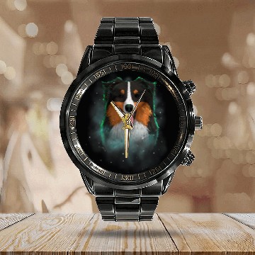 Discover Australian Shepherd Pet Dog Cosmic Galaxy Celestial Outer Space Zip Calendar Steel Band Watch