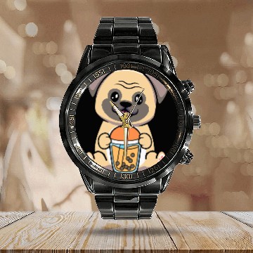 Discover Pug Pet Bubble Milk Tea Pug Cute Pug Drinking Boba Milk Tea Baseball Tees Calendar Steel Band Watch