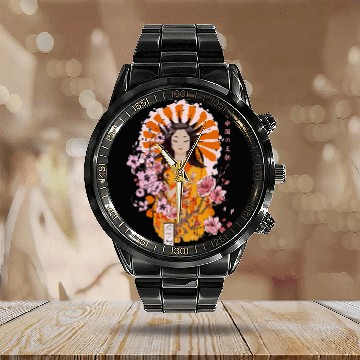 Discover Japanese Geisha Cherry Blossom Kimono Aesthetic Calendar Steel Band Watch