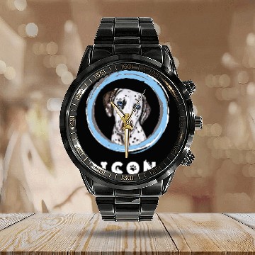 Discover Dalmatian Pet Face With Funny Icon Caption Calendar Steel Band Watch