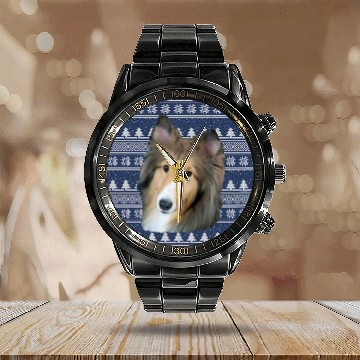 Discover Beautiful Sable Shetland Sheepdog With Argyle Background Calendar Steel Band Watch