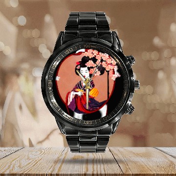 Discover Japanese Geisha cherry blossom flowers classical art Baseball Tees Calendar Steel Band Watch