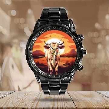 Discover Retro vintages Cow Sunset Funny Cattle Farm Farmer Calendar Steel Band Watch