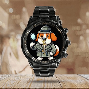 Discover Saint Bernard Detective Funny Dog Mystery 1 Calendar Steel Band Watch
