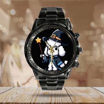 Discover Poodle Wizard Funny Dog Magic Zip Calendar Steel Band Watch