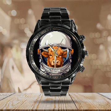 Discover Space Astronaut Highland Cow Calendar Steel Band Watch