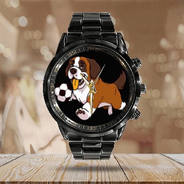 Discover Saint Bernard Soccer Funny Dog Sport Calendar Steel Band Watch