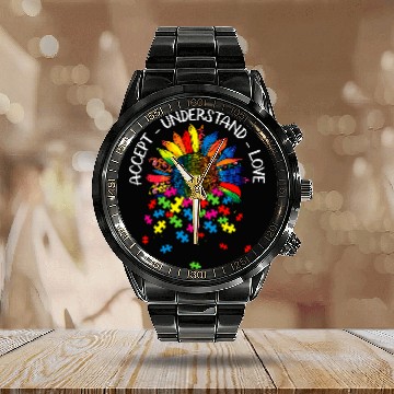 Discover Autism Puzzle Daisy Flower Accept Understand Love For Kid Calendar Steel Band Watch