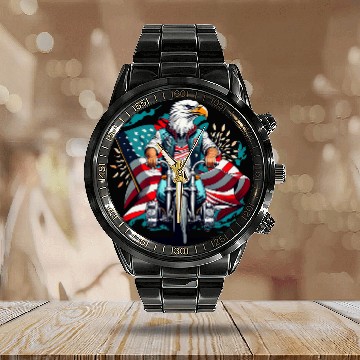 Discover Cool America Bald Eagle as Biker Riding Motorcycle Funny Baseball Tees Calendar Steel Band Watch