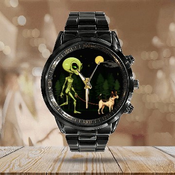 Discover Funny Rat Terrier Alien Walking UFO Pet Dog Mom Dad Calendar Steel Band Watch