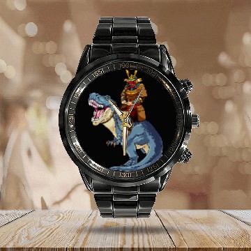 Discover Dinosaur Pet Samurai Riding TRex Dinosaur Japanese Medieval Ronin Calendar Steel Band Watch