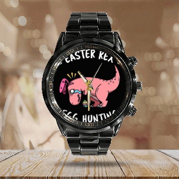 Discover Dinosaur Pet Sad TRex Dinosaur Bunny fails at easter egg hunts Zip Calendar Steel Band Watch