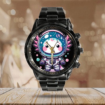 Discover Kawaii Astro Axolotls Exploring Cosmic Galaxies Calendar Steel Band Watch