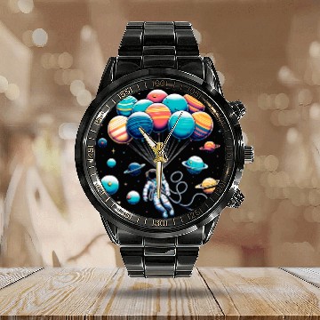 Discover Astronaut Holding Planet Balloons Space Moon Mars Planets 10 Calendar Steel Band Watch