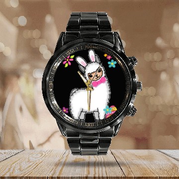 Discover Llama Pet Funny Easter Llama Alpaca With Rabbit Ears And Easter Eggs 32 Baseball Tees Calendar Steel Band Watch