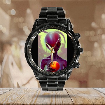 Discover Aliens UFO Loves Peach Calendar Steel Band Watch