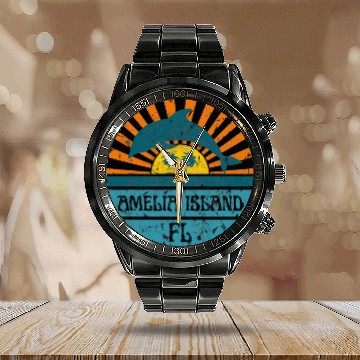 Discover Dolphin Pet Gift Amelia Island Florida Beach Dolphin Retro Sunset Vintage Calendar Steel Band Watch