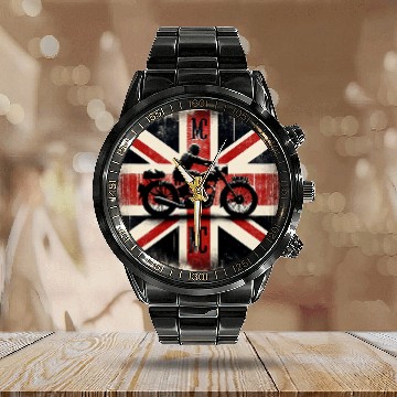 Discover Union Jack Flag United Kingdom MC Classic Motorcycle Biker Calendar Steel Band Watch