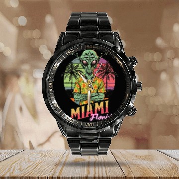 Discover Aliens UFO Miami Florida Vacay Funny Mall Alien UFO Baseball Tees Calendar Steel Band Watch