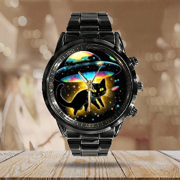 Discover Aliens UFO Calendar Steel Band Watch Galaxy Cat Spaceship Alien Cat Calendar Steel Band Watch