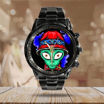 Discover Aliens UFO face Funny Space Planets Galaxy Solar System Zip Calendar Steel Band Watch