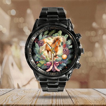 Discover Christmas wreath design with Holly bow Shetland pony Calendar Steel Band Watch