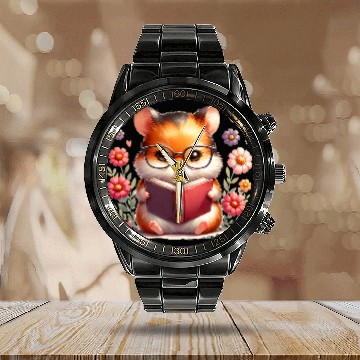 Discover Book Fun Cute Hamster Reading Book Reader Bookworm Graphic Calendar Steel Band Watch