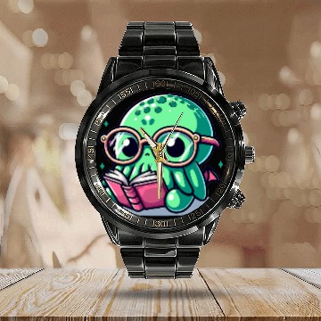 Discover Book Fun Adorable Book Lover Cthulhu With Reading Glasses Cute Zip Calendar Steel Band Watch