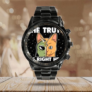 Discover Aliens UFO The Truth Its Right Here Creepy Alien Cat Outer Space Life 22 Baseball Tees Calendar Steel Band Watch