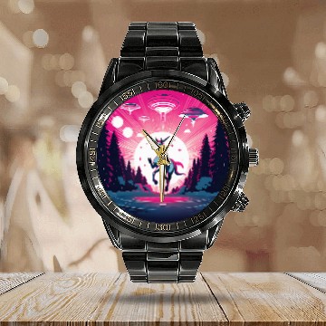 Discover Unicorn Pet round midnight sunset with ufo alien abduction Calendar Steel Band Watch
