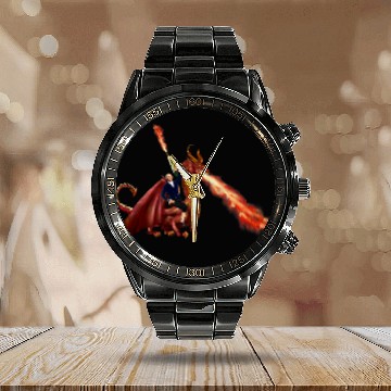 Discover Dragon Pet George Washington with a flamethrower riding a Calendar Steel Band Watch