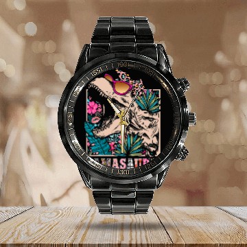 Discover Dinosaur Pet Mamasaurus rexs Mom Dinosaur Leopard Flower TRex Mama Saurus 1 Calendar Steel Band Watch
