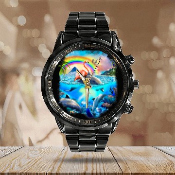 Discover Dolphin Pet Gift Flamingo Riding Dolphin Rainbow Dolphins Calendar Steel Band Watch