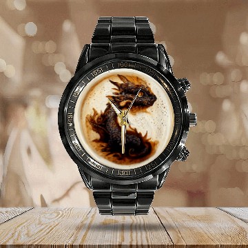 Discover Dragon Pet HyperRealistic Of Coffee Art Cute Dragon In Circle Calendar Steel Band Watch