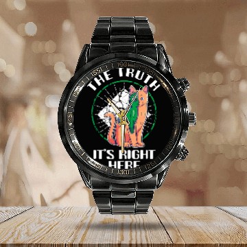 Discover Aliens UFO The Truth Its Right Here Creepy Alien Cat Outer Space Life Calendar Steel Band Watch