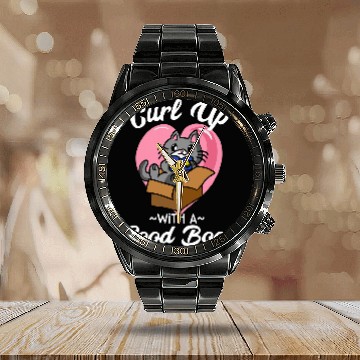 Discover Book Fun Curl Up With a Good Book Cat Meme Bookworm Reading Quote Calendar Steel Band Watch