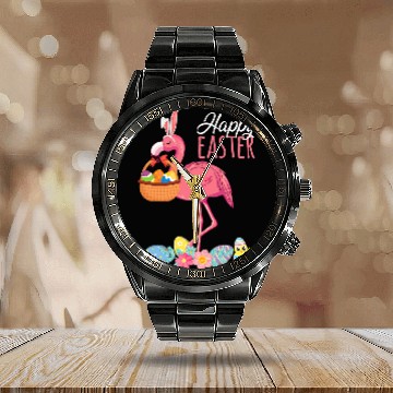 Discover Flamingo Pet With Easter Happy Easter Egg Basket Hunting 8 Calendar Steel Band Watch