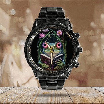 Discover Frog Pet Cottagecore Frog Toad Reading Book Reader Aesthetic Girls Calendar Steel Band Watch